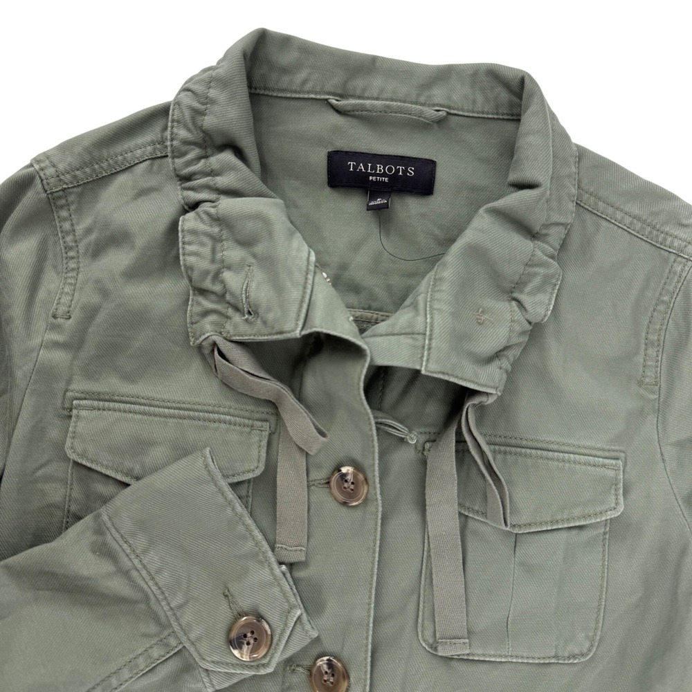Talbots Petite Twill Field Jacket Olive Green Utility Safari Button‎ Zip NEW